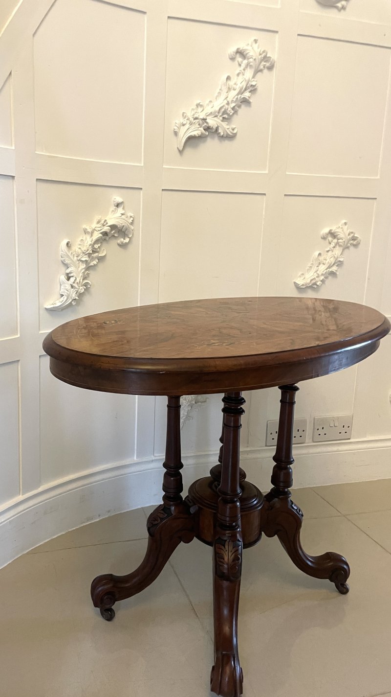 Antique Victorian Quality Inlaid Burr Walnut Oval Centre Table - Image 4